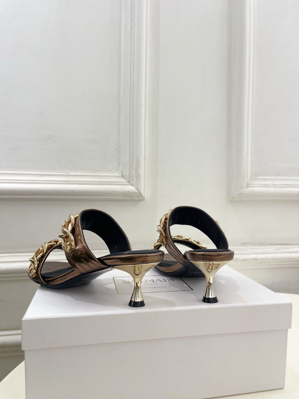 BM Sequin Chain Sandals 5cm Bronze Metallic Leather 892297