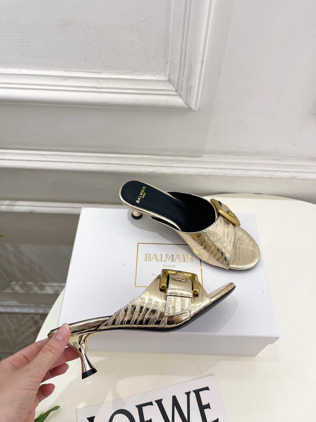 BM Buckle Mules 5cm Silver Crocodile-Embossed Leather 892296