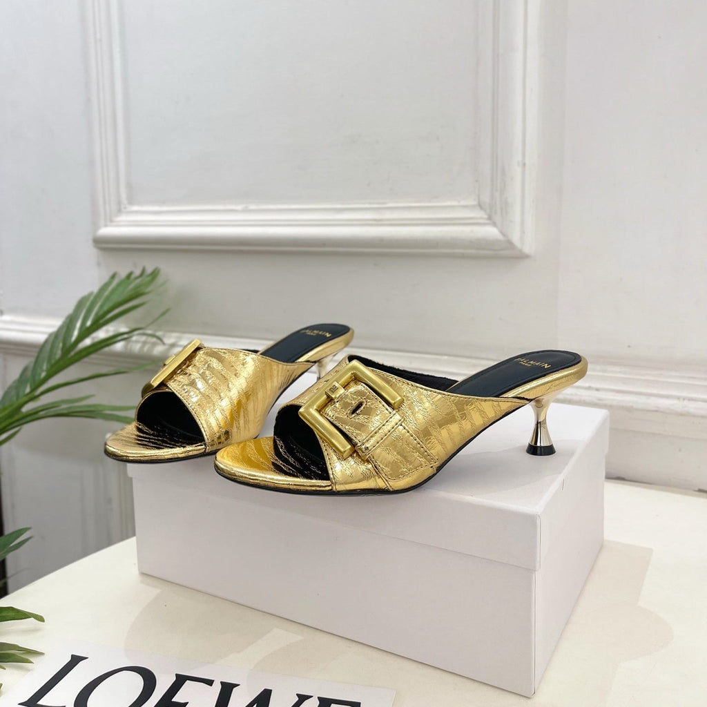 BM Buckle Mules 5cm Gold Crocodile-Embossed Leather 892295