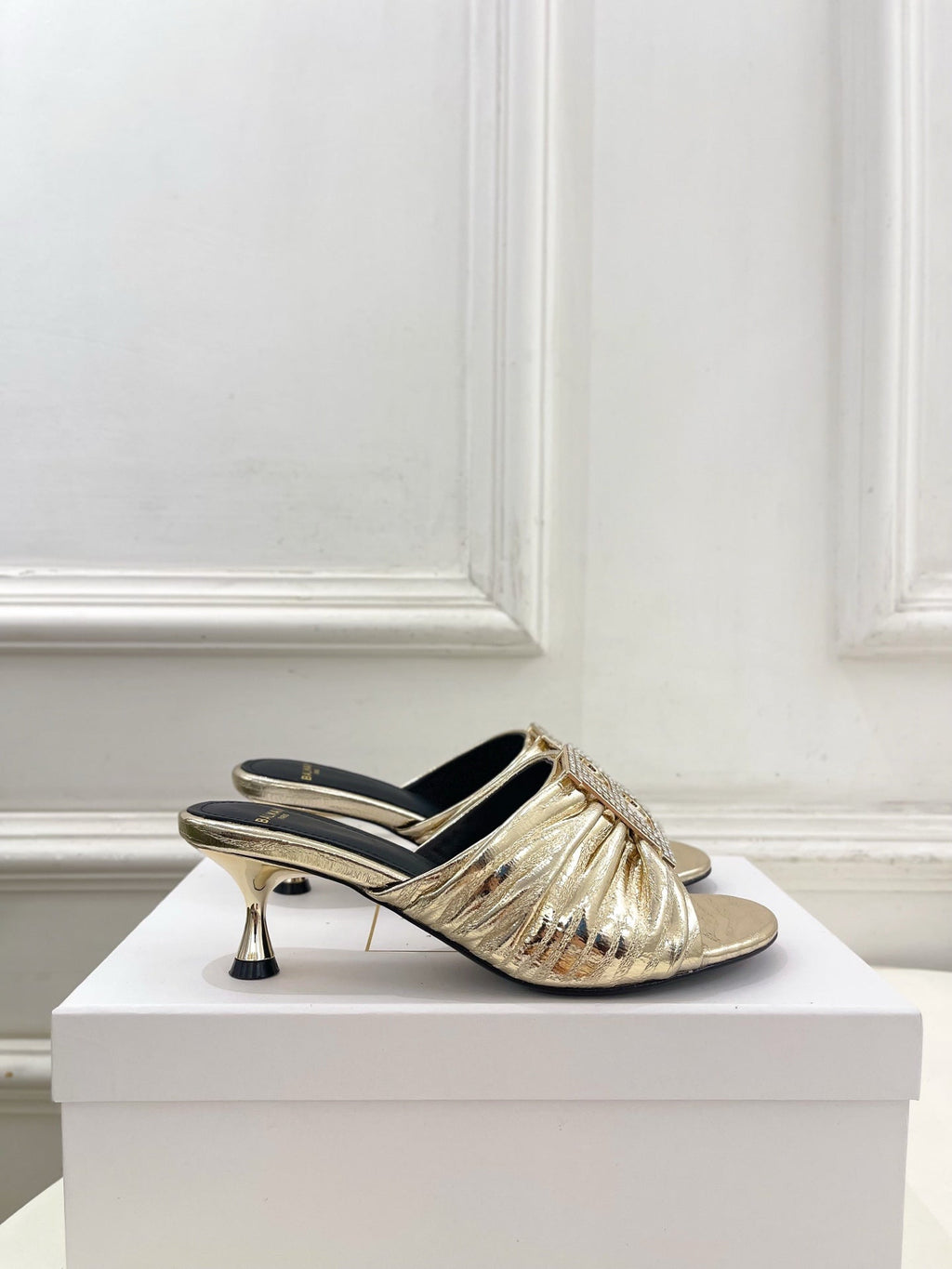 BM Crystal B Buckle Pleated Mules 5cm Silver Metallic Leather 892293