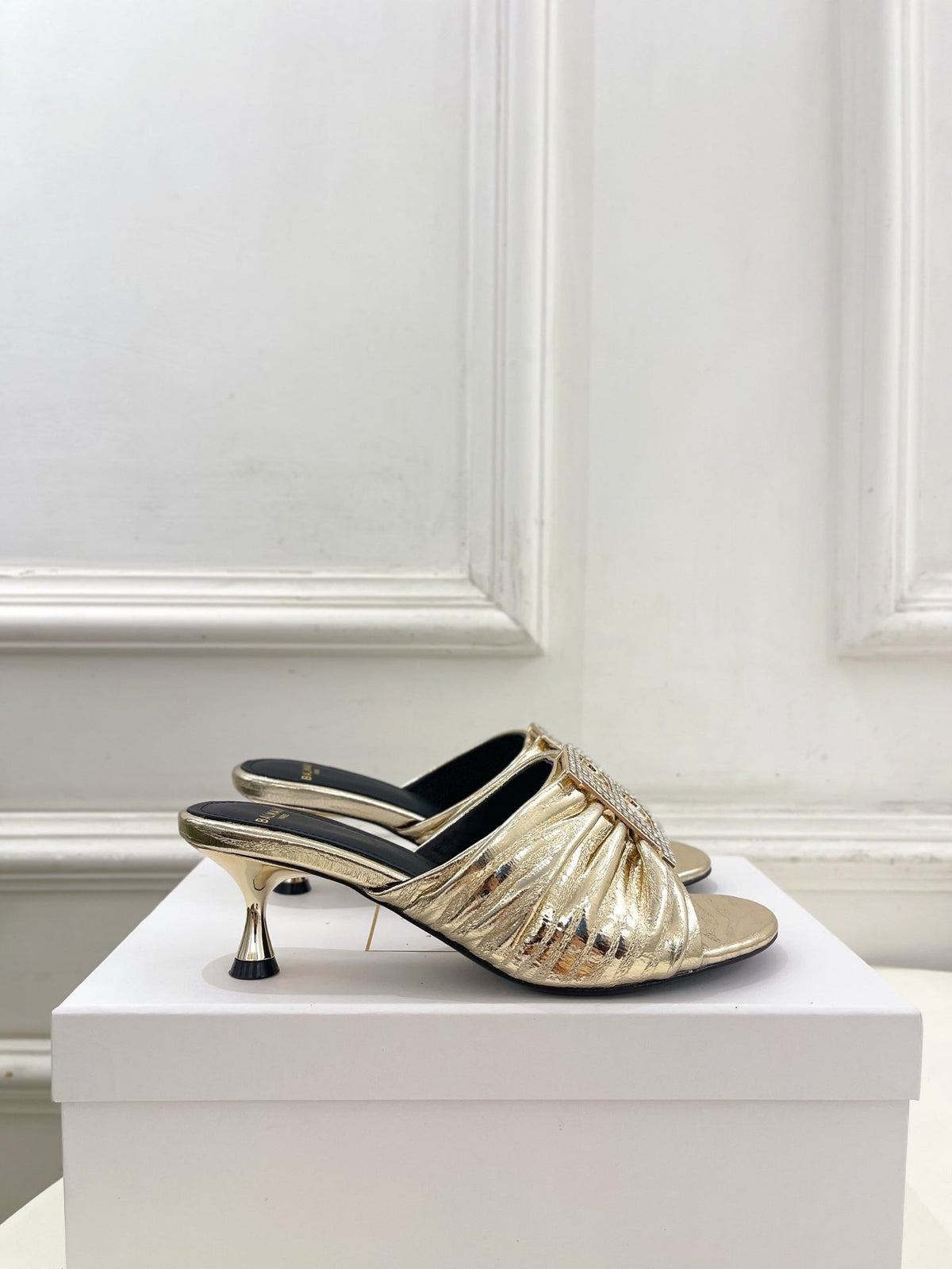 BM Crystal B Buckle Pleated Mules 5cm Silver Metallic Leather 892293