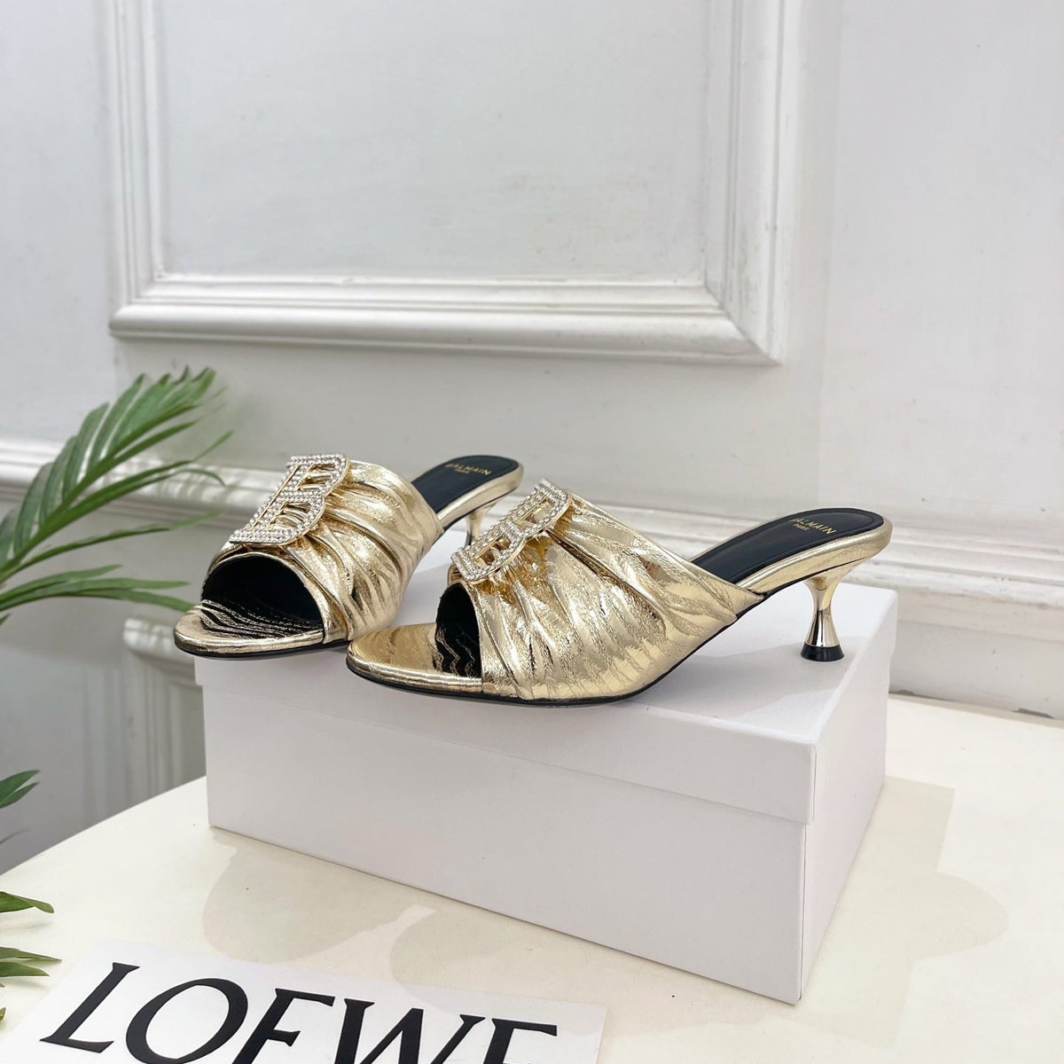 BM Crystal B Buckle Pleated Mules 5cm Silver Metallic Leather 892293