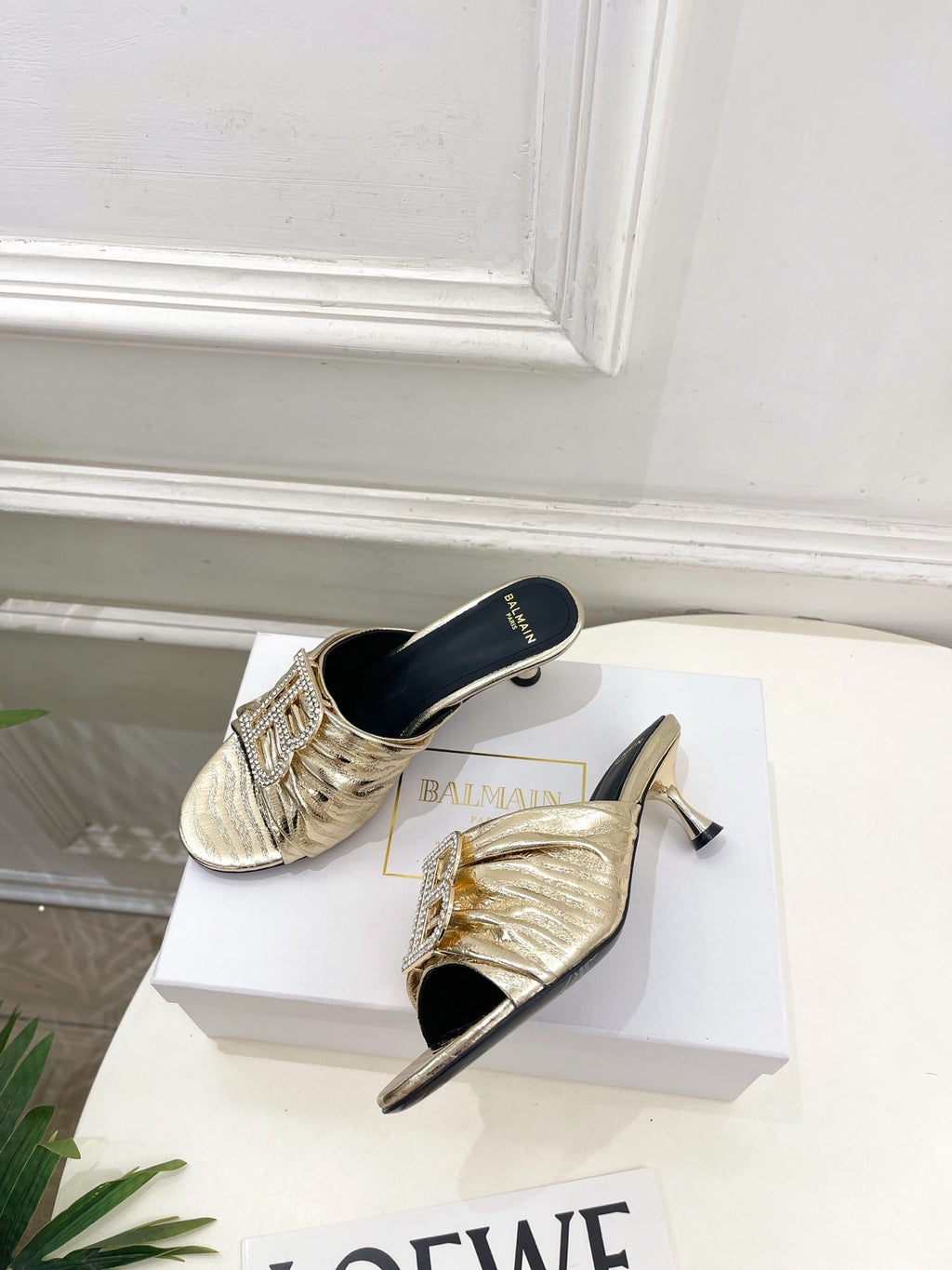 BM Crystal B Buckle Pleated Mules 5cm Silver Metallic Leather 892293