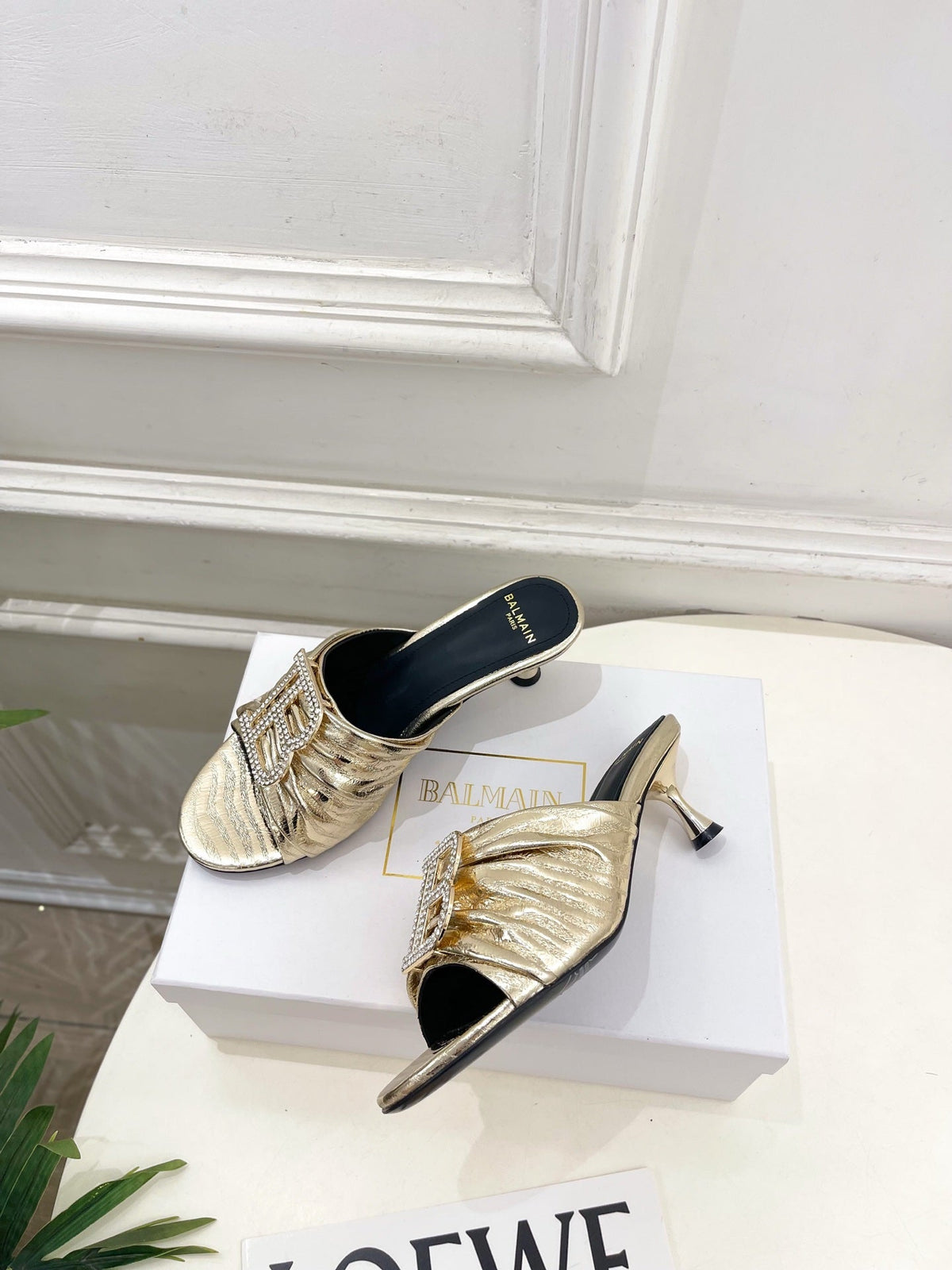 BM Crystal B Buckle Pleated Mules 5cm Silver Metallic Leather 892293