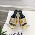 BM Crystal B Buckle Pleated Mules 5cm Gold Metallic Leather 892292