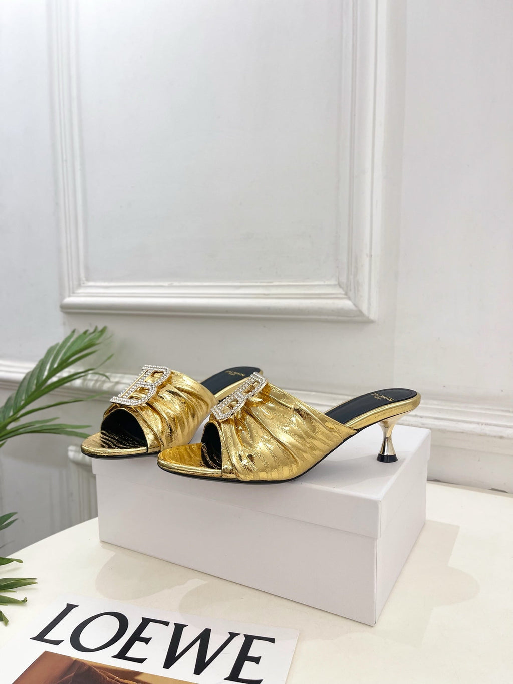 BM Crystal B Buckle Pleated Mules 5cm Gold Metallic Leather 892292