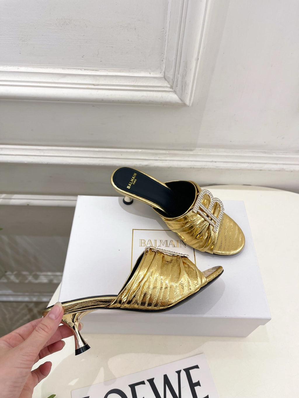 BM Crystal B Buckle Pleated Mules 5cm Gold Metallic Leather 892292