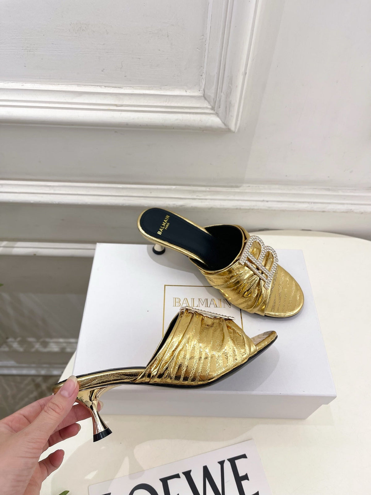 BM Crystal B Buckle Pleated Mules 5cm Gold Metallic Leather 892292