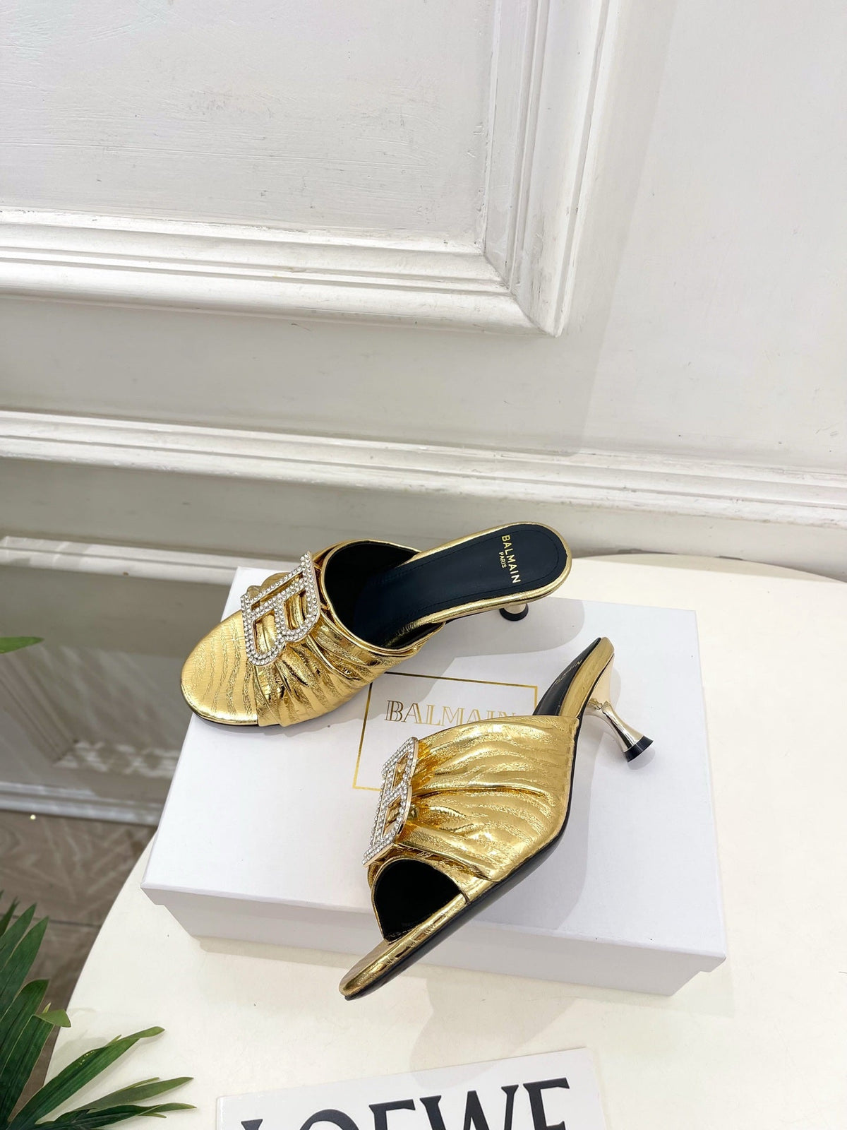 BM Crystal B Buckle Pleated Mules 5cm Gold Metallic Leather 892292