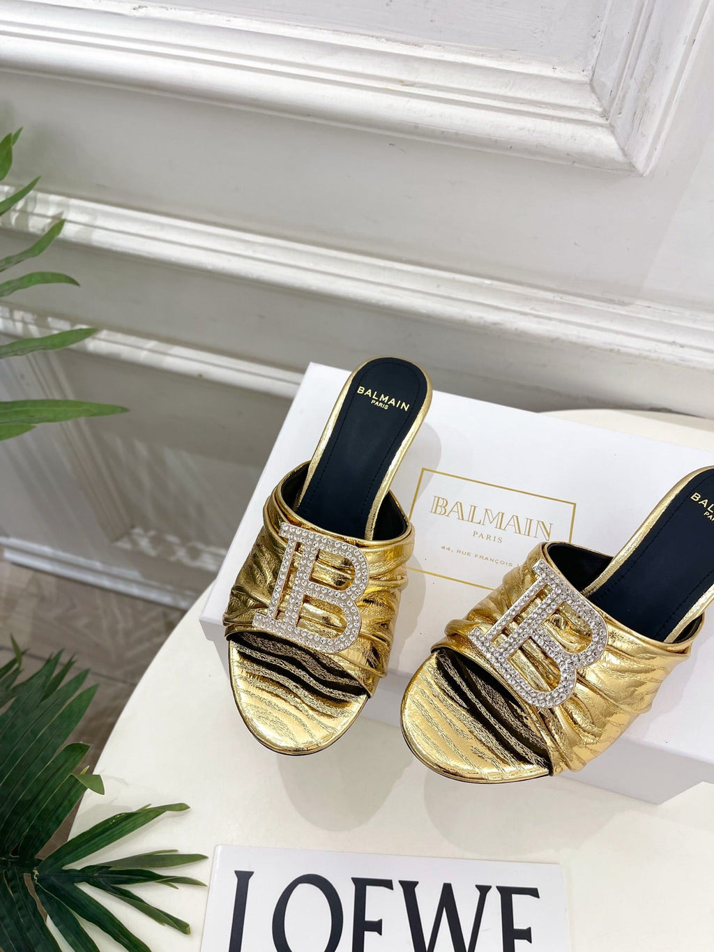 BM Crystal B Buckle Pleated Mules 5cm Gold Metallic Leather 892292