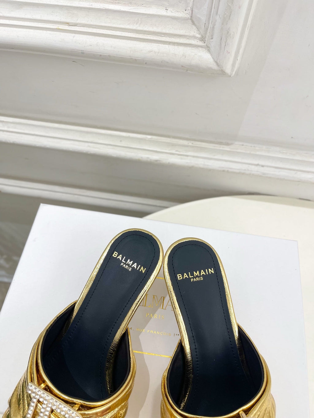 BM Crystal B Buckle Pleated Mules 5cm Gold Metallic Leather 892292