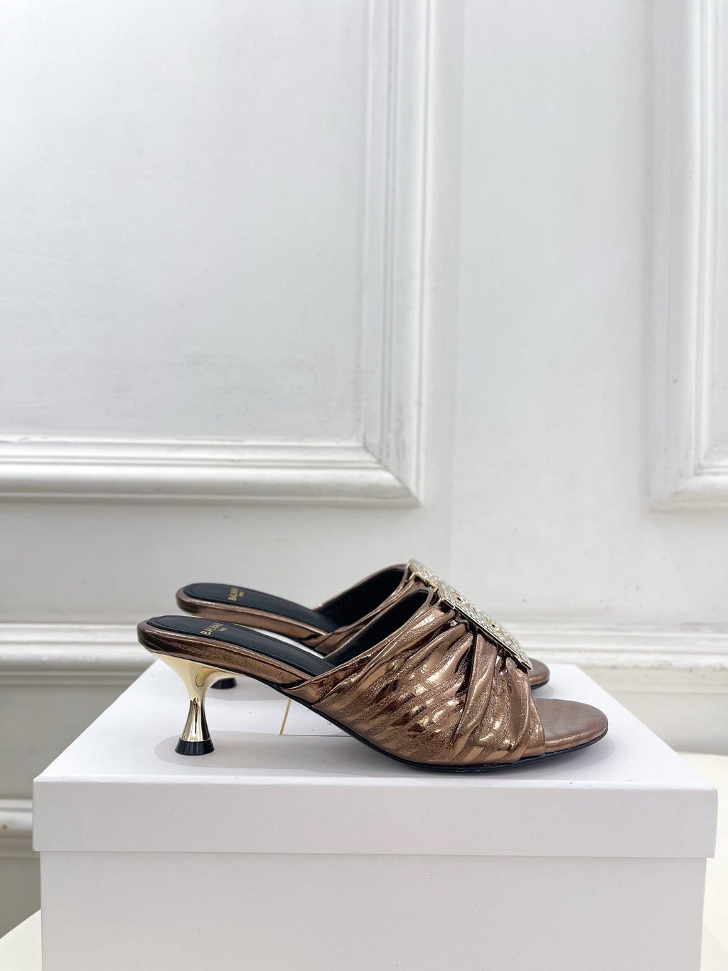 BM Crystal B Buckle Pleated Mules 5cm Bronze Metallic Leather 892291