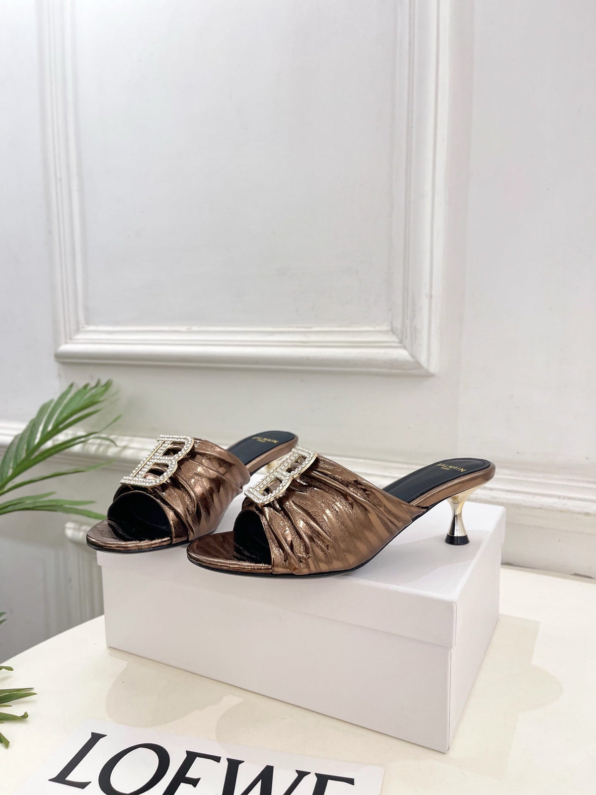 BM Crystal B Buckle Pleated Mules 5cm Bronze Metallic Leather 892291