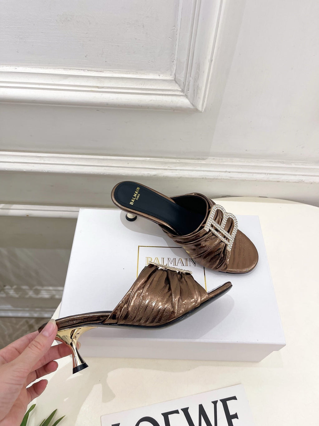 BM Crystal B Buckle Pleated Mules 5cm Bronze Metallic Leather 892291