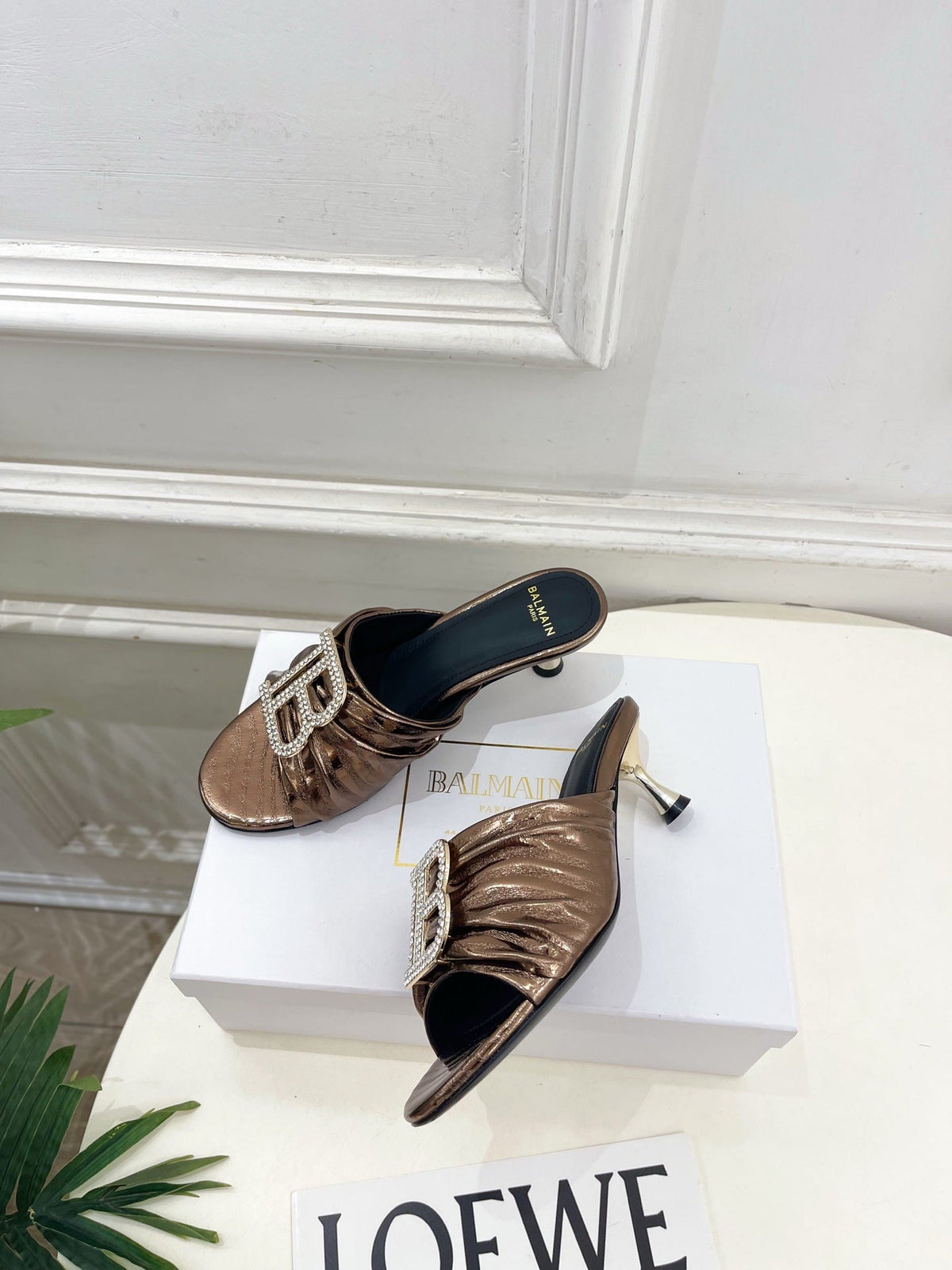 BM Crystal B Buckle Pleated Mules 5cm Bronze Metallic Leather 892291