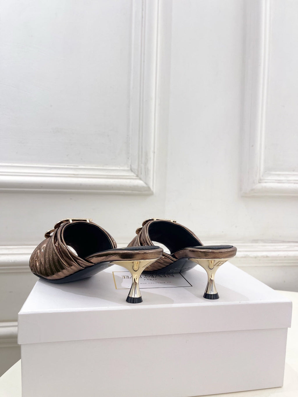 BM Crystal B Buckle Pleated Mules 5cm Bronze Metallic Leather 892291