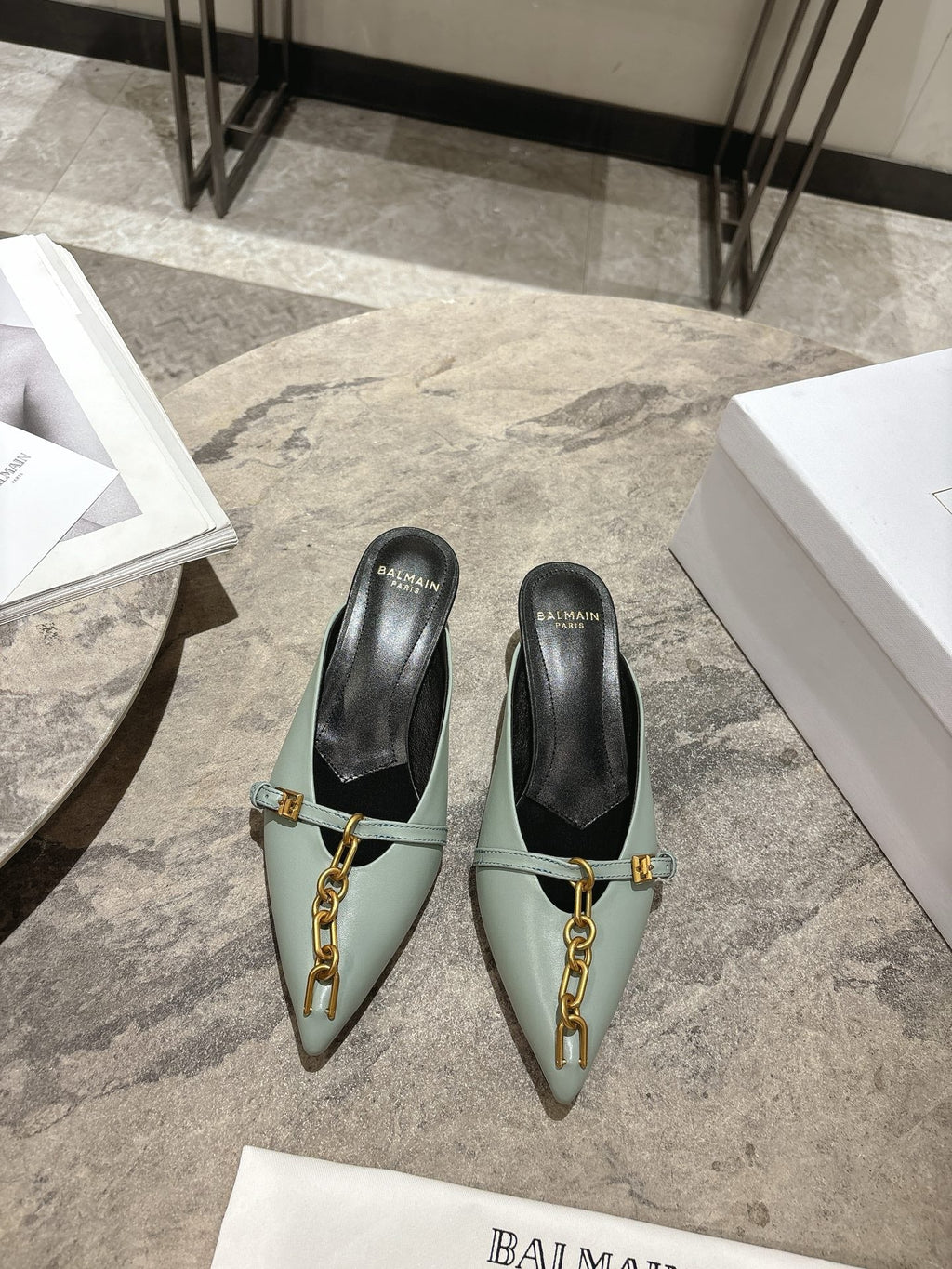 BM 26 Sync Chain Mules Light Green Calfskin Leather 888584