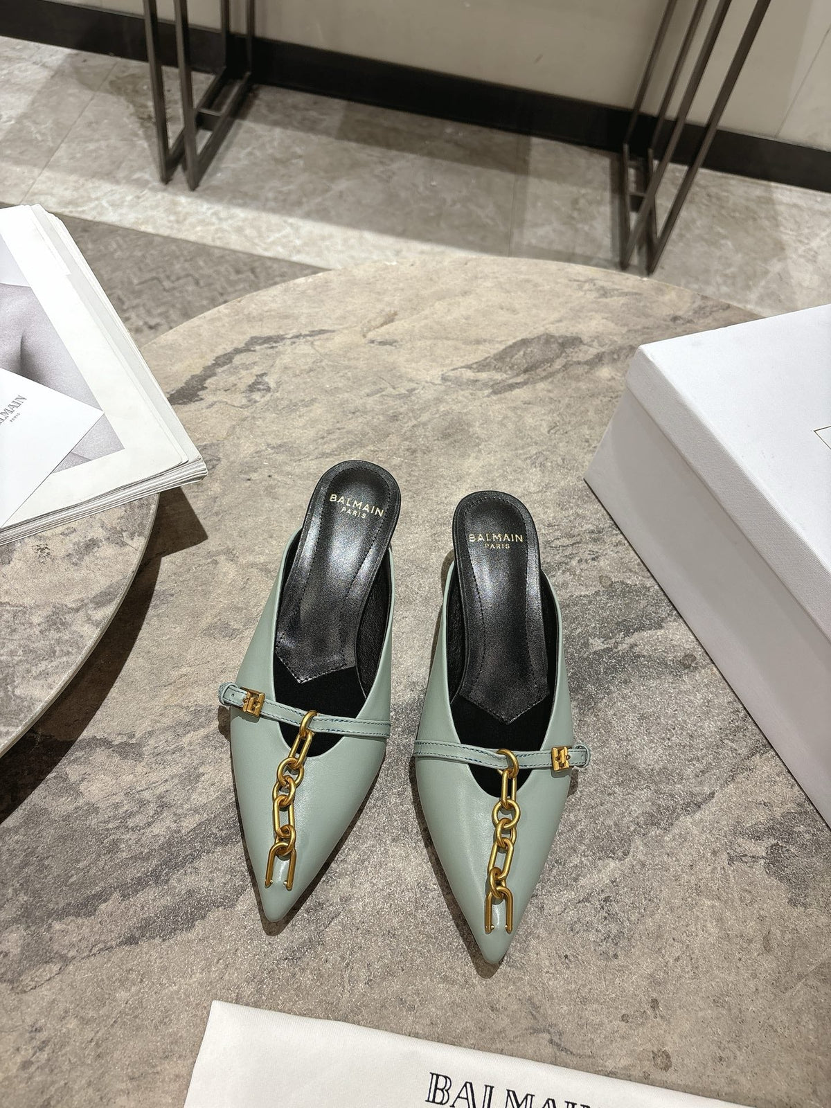 BM 26 Sync Chain Mules Light Green Calfskin Leather 888584