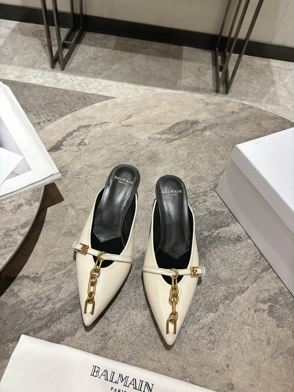 BM 26 Sync Chain Mules White Calfskin Leather 888583