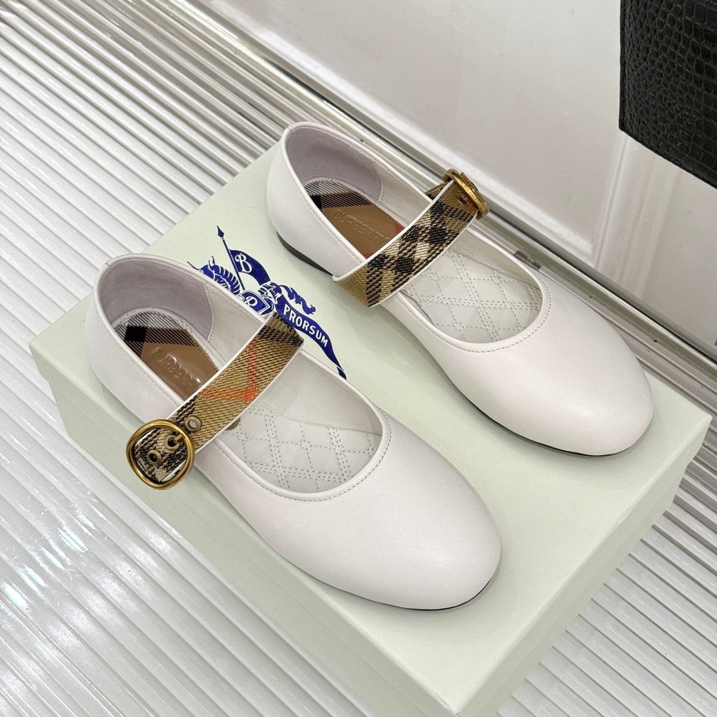 Burberry Robin Mary Jane Flats Check Strap White Leather 956171