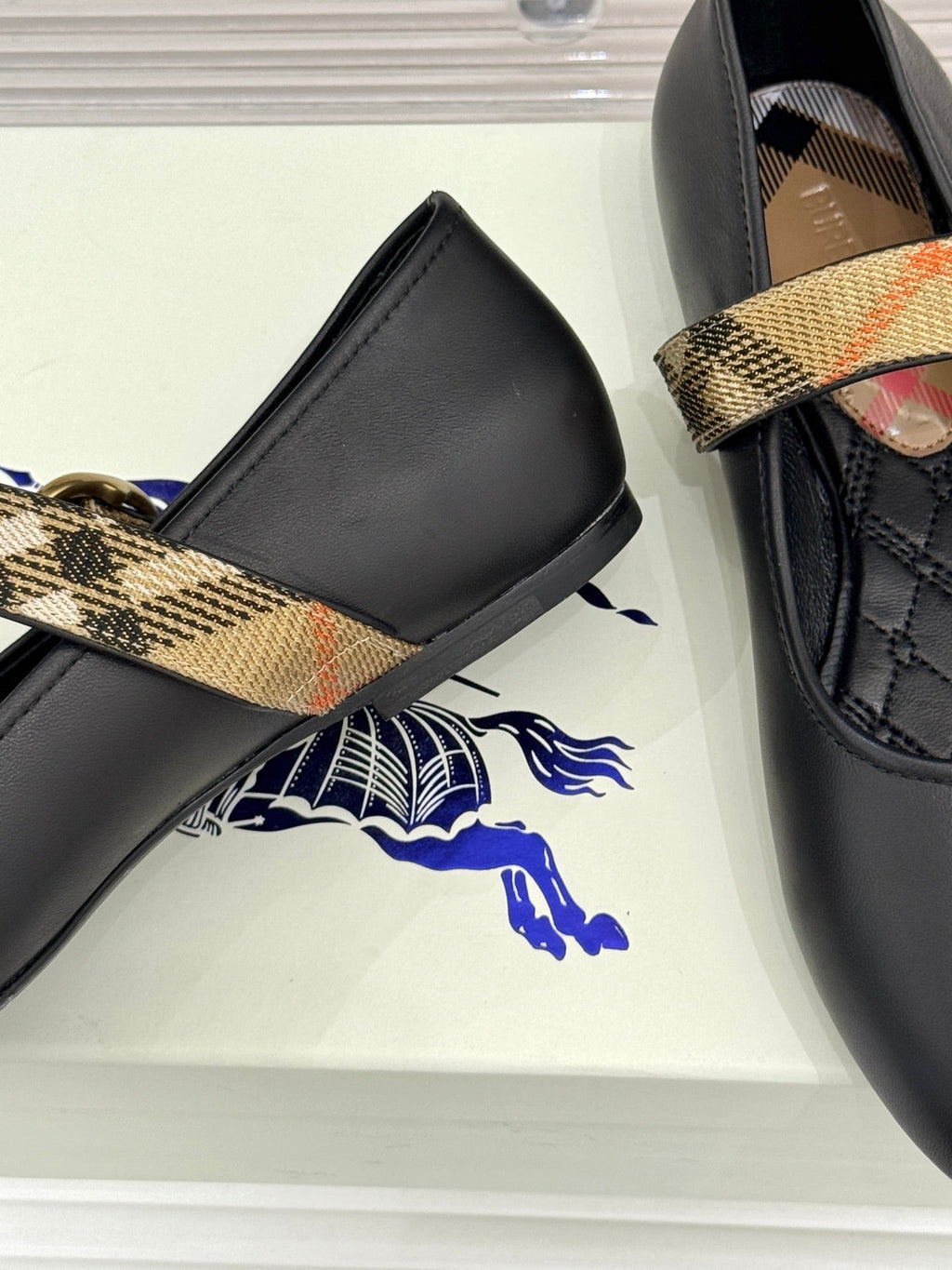 Burberry Robin Mary Jane Flats Check Strap Black Leather 956170