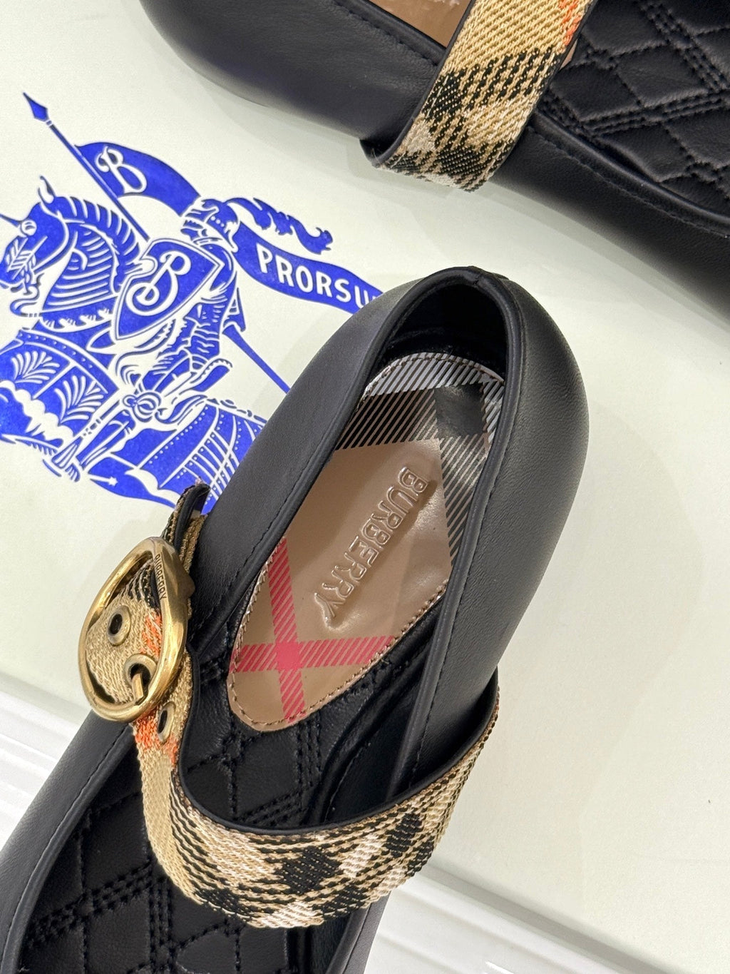 Burberry Robin Mary Jane Flats Check Strap Black Leather 956170