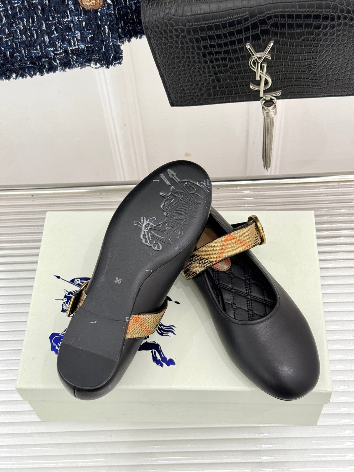 Burberry Robin Mary Jane Flats Check Strap Black Leather 956170