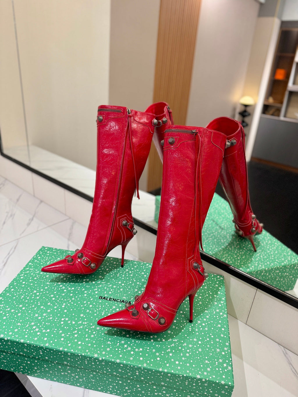 BLC Cagole Knee-High Boots 9.5cm Red Leather 985492