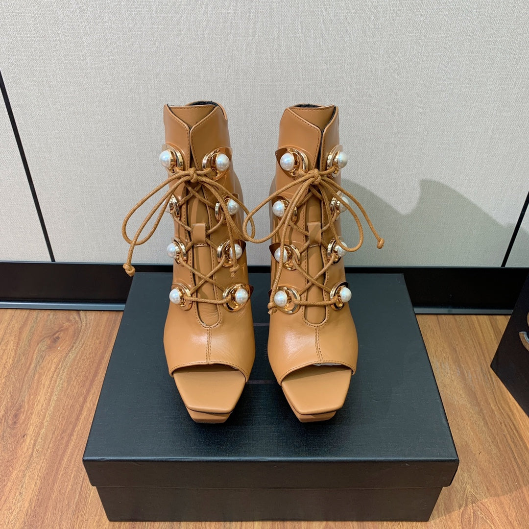 BM 26S Lace-Up Platform Booties 11.5cm Tan Leather 111370