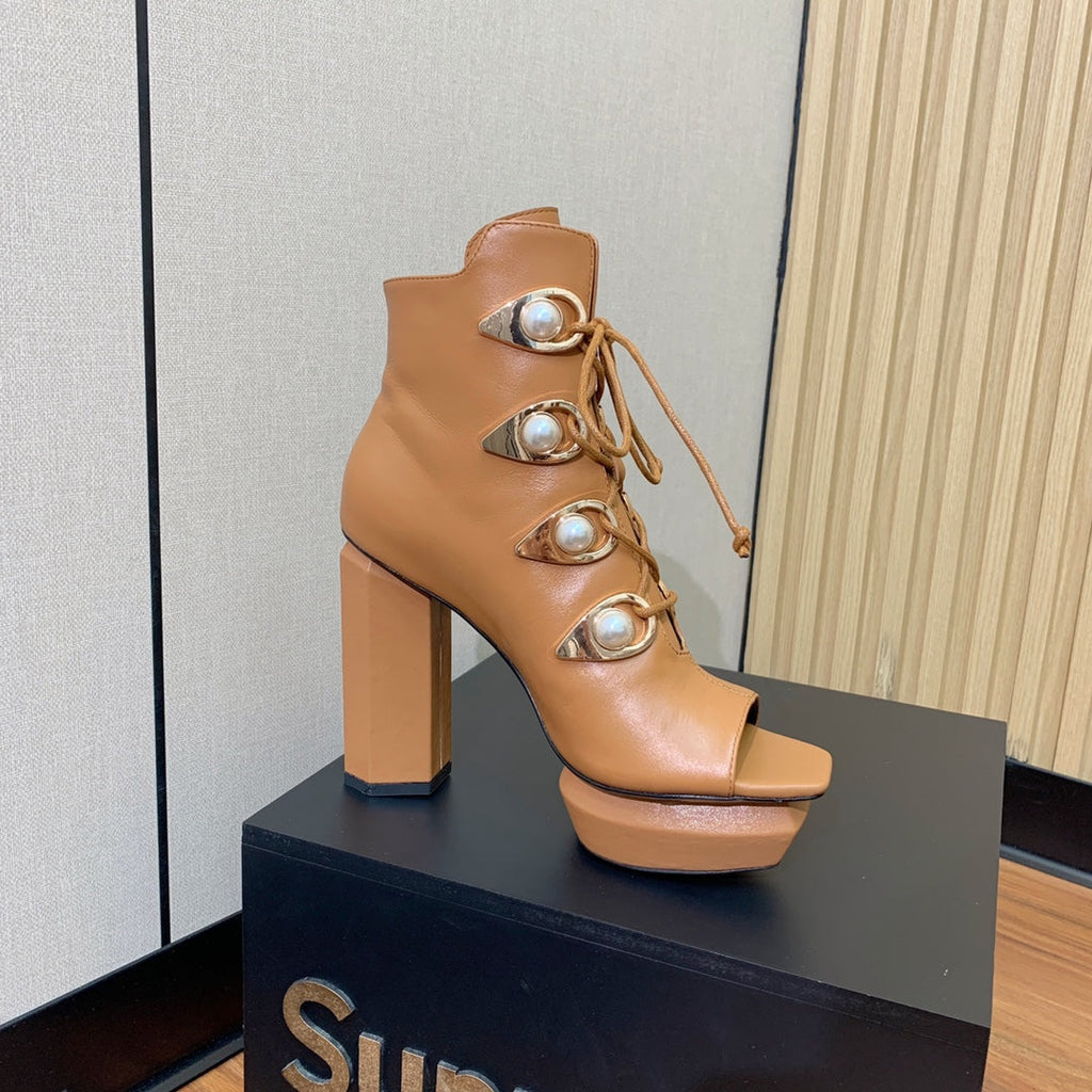 BM 26S Lace-Up Platform Booties 11.5cm Tan Leather 111370