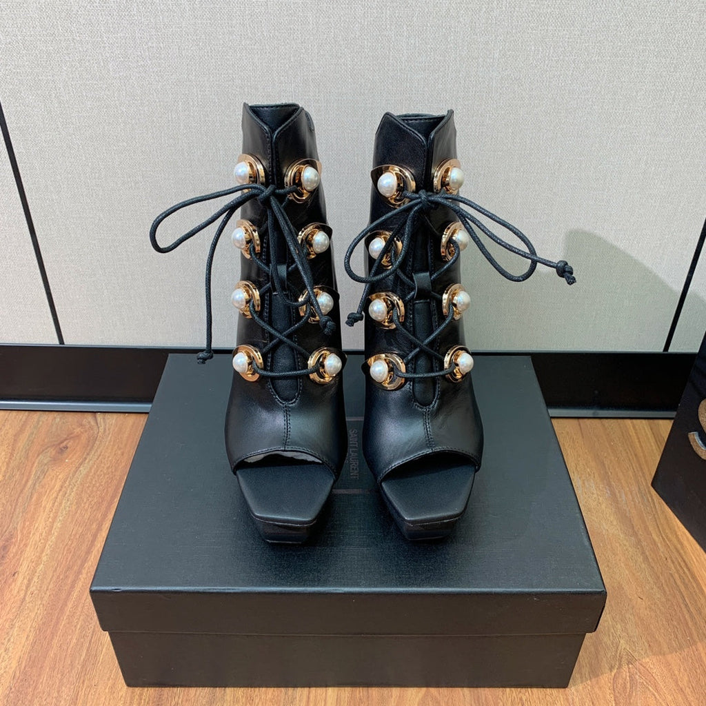 BM 26S Lace-Up Platform Booties 11.5cm Black Leather 111369