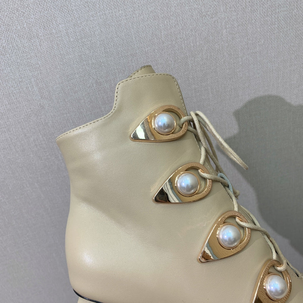 BM 26S Lace-Up Platform Booties 11.5cm Cream Leather 111368