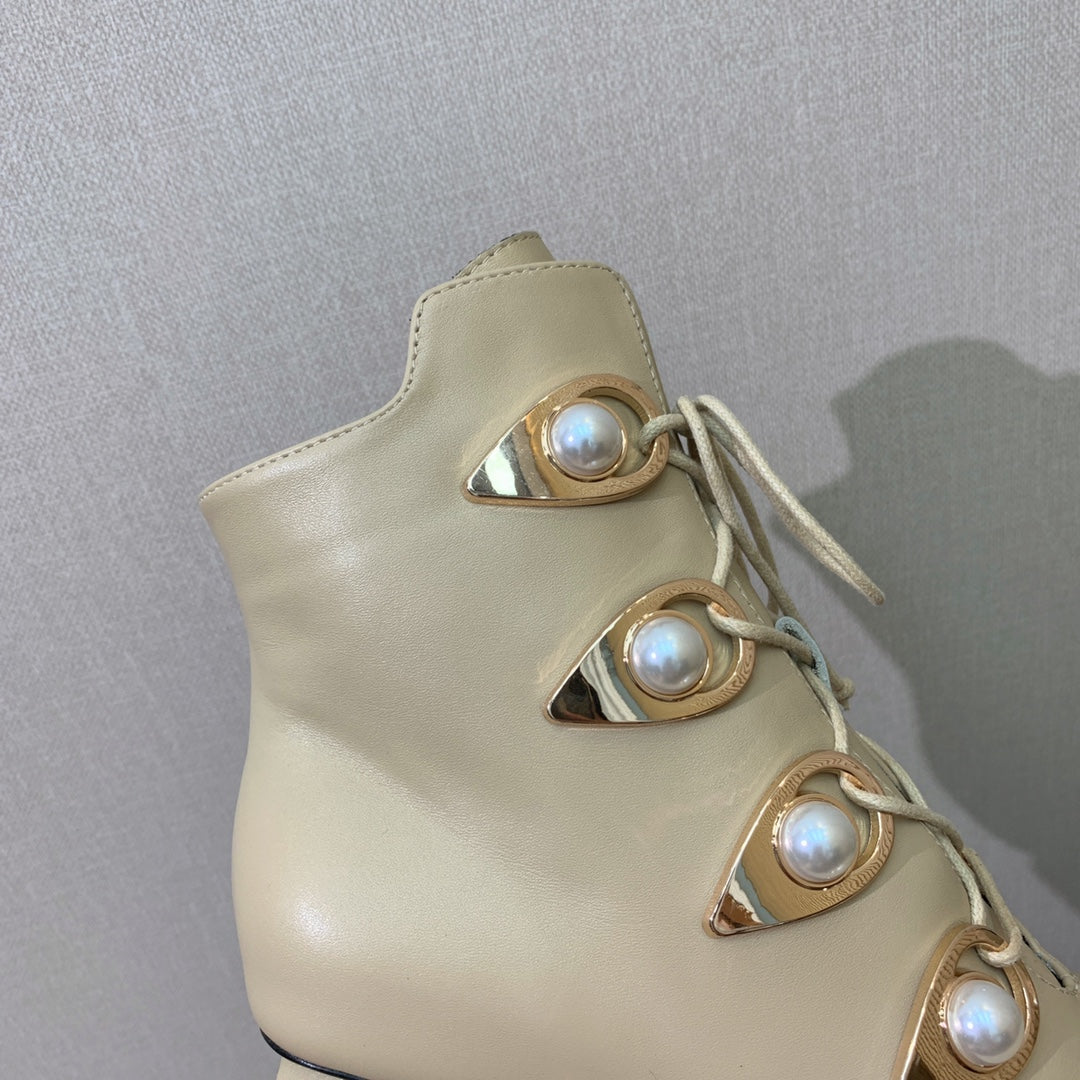 BM 26S Lace-Up Platform Booties 11.5cm Cream Leather 111368