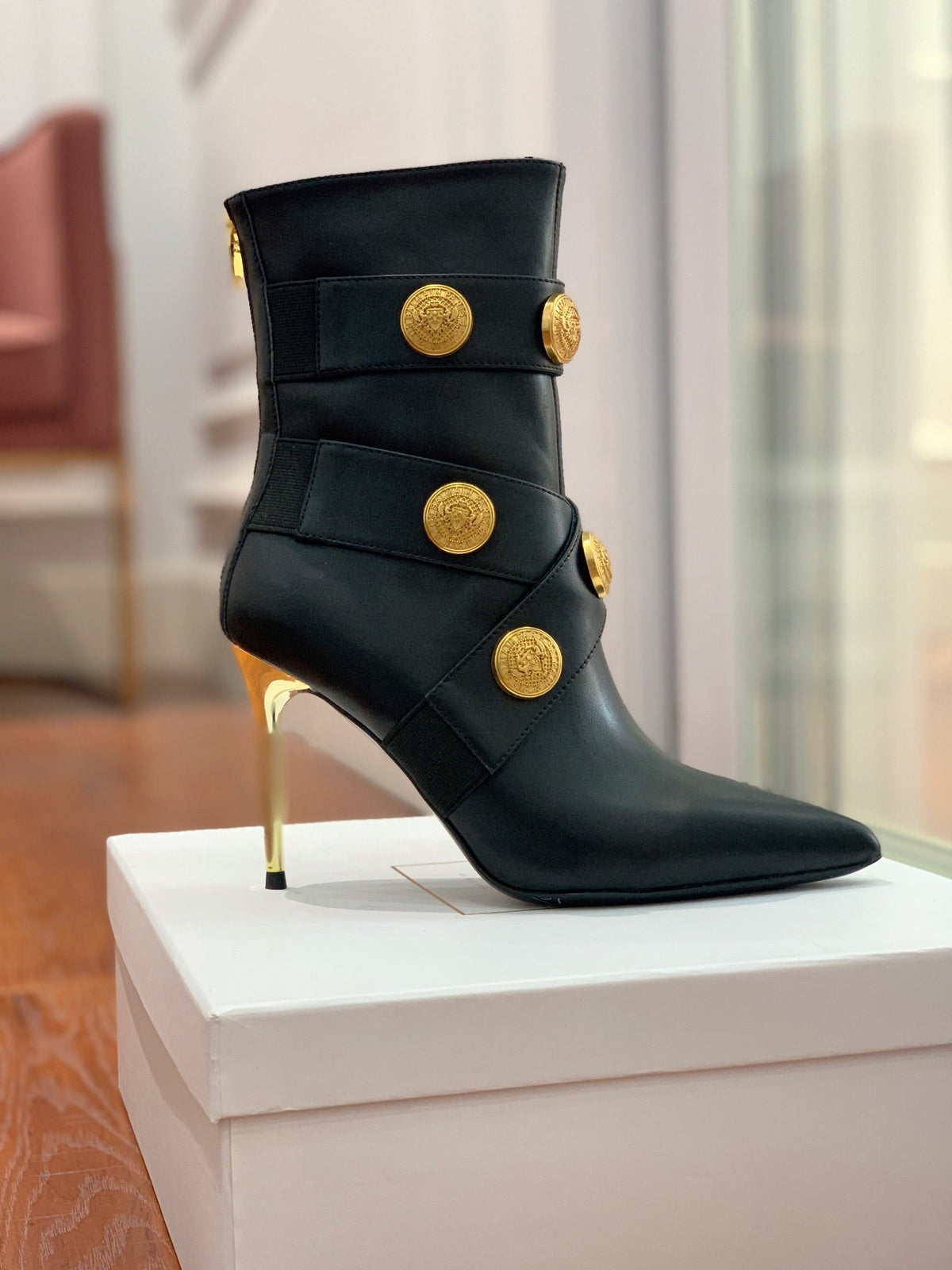 BM 26S Alma Ankle Boots 9.5cm Medallion Buttons Black Leather 111361