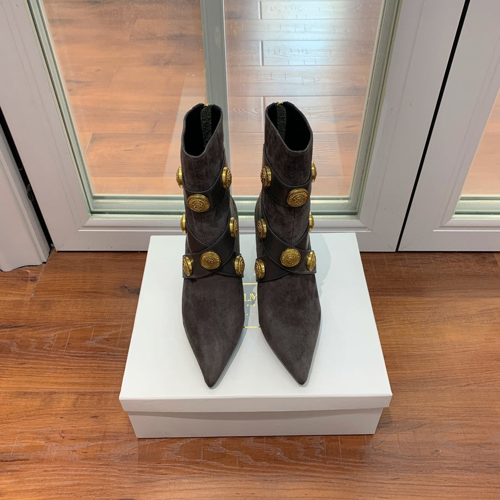 BM 26S Alma Ankle Boots 9.5cm Medallion Buttons Dark Grey Suede Leather 111358