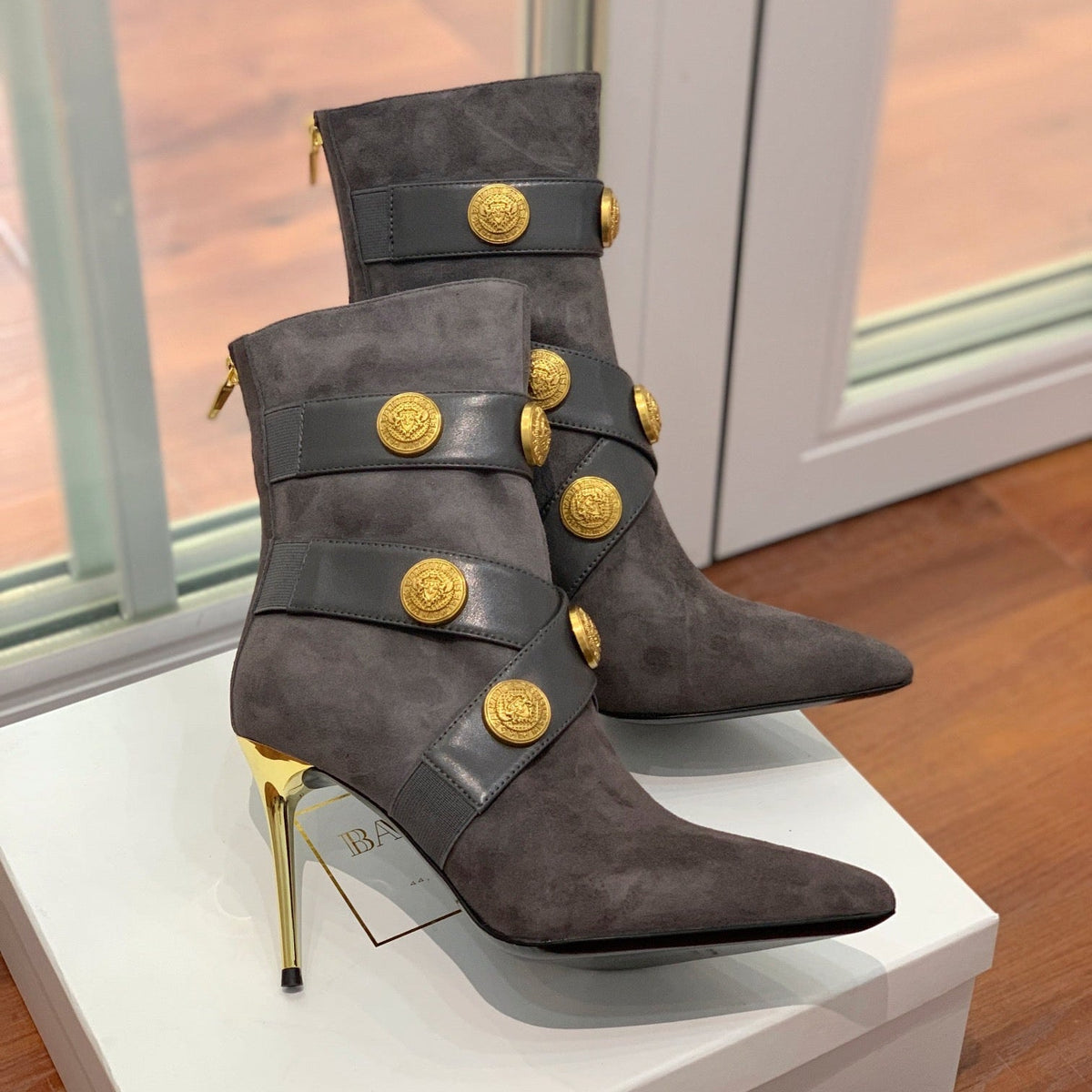 BM 26S Alma Ankle Boots 9.5cm Medallion Buttons Dark Grey Suede Leather 111358