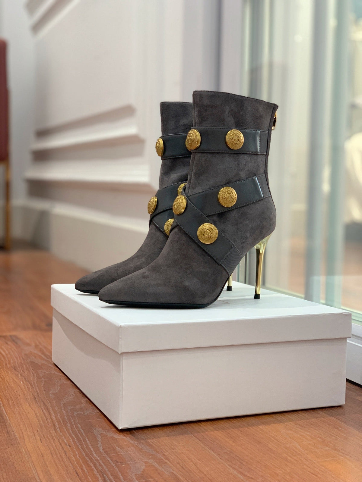 BM 26S Alma Ankle Boots 9.5cm Medallion Buttons Dark Grey Suede Leather 111358