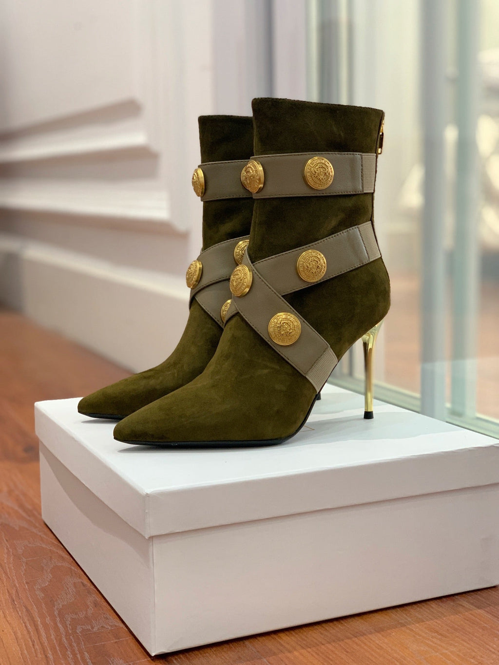 BM 26S Alma Ankle Boots 9.5cm Medallion Buttons Dark Grey Suede Leather 111358