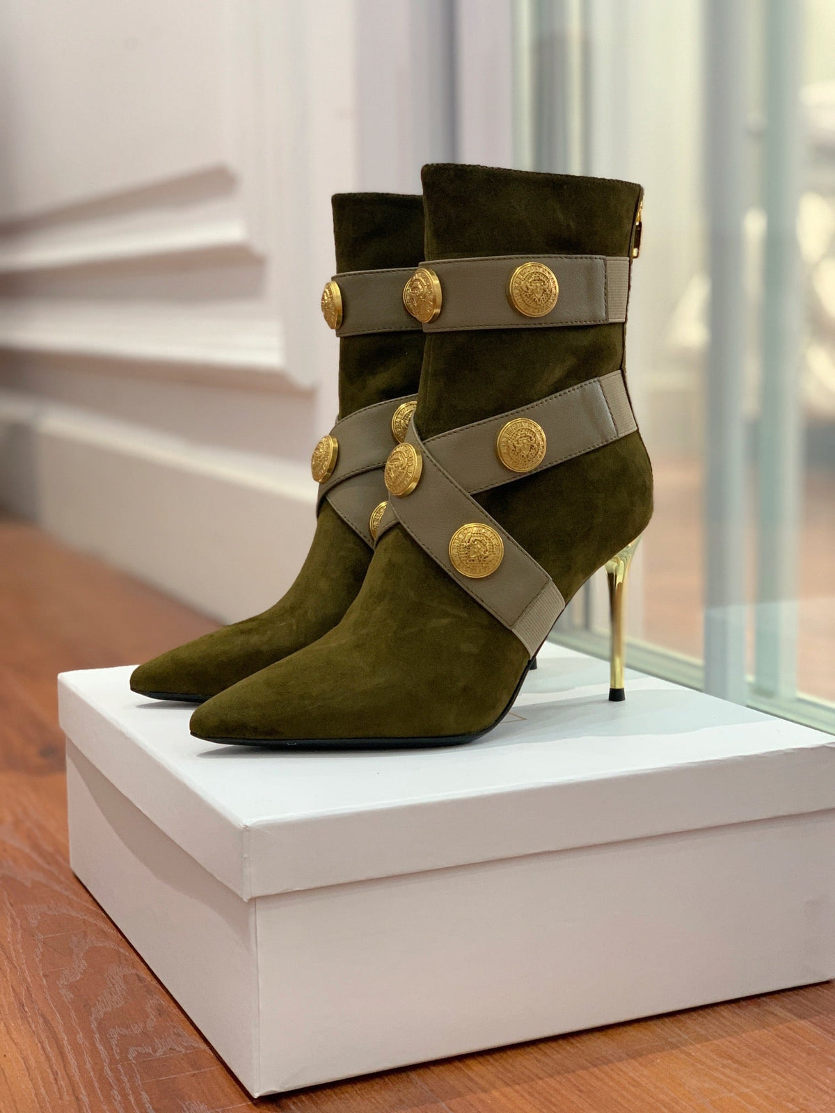 BM 26S Alma Ankle Boots 9.5cm Medallion Buttons Dark Grey Suede Leather 111358