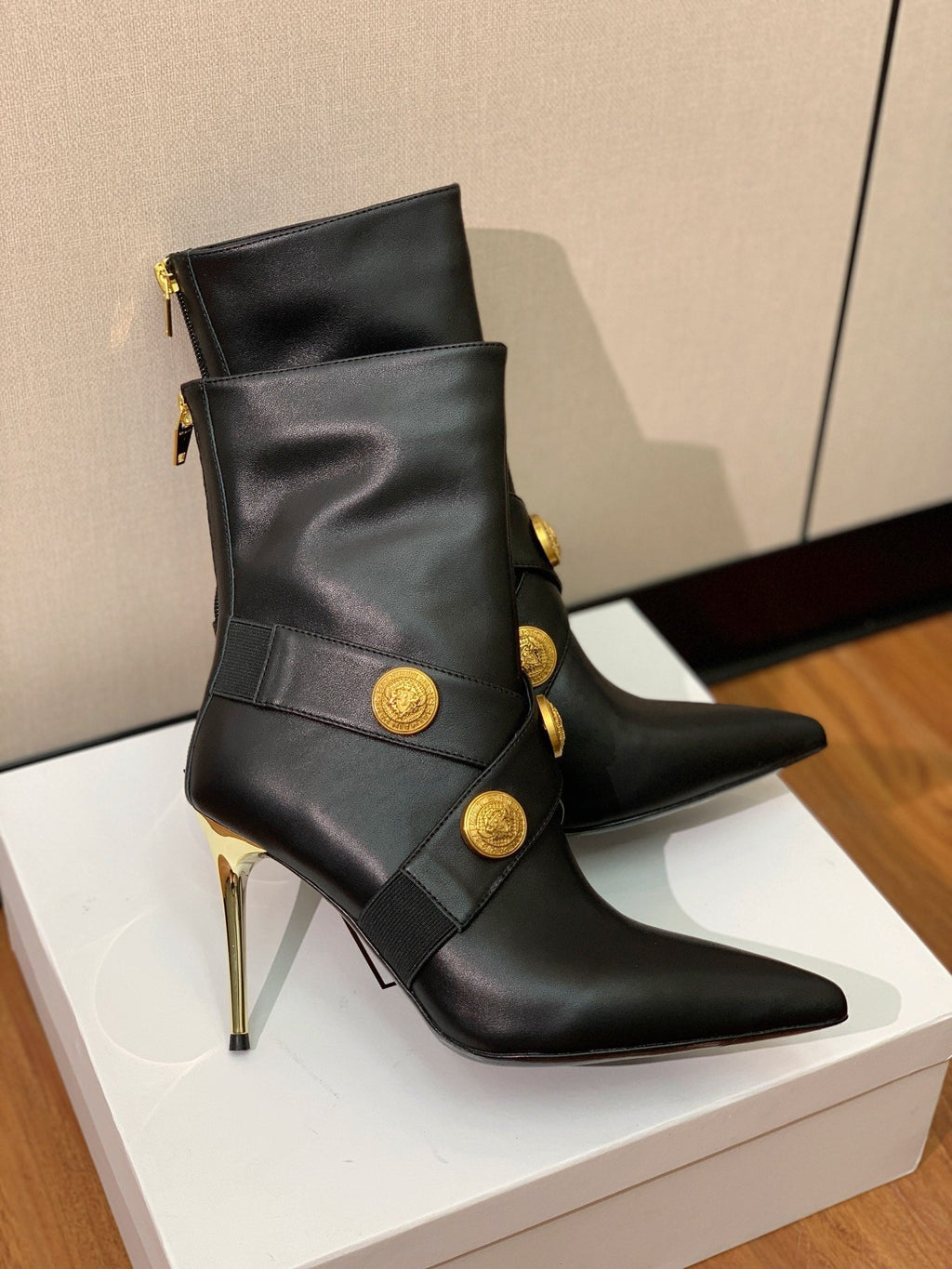 BM 26S Alma Ankle Boots 9.5cm Medallion Buttons Dark Grey Suede Leather 111358