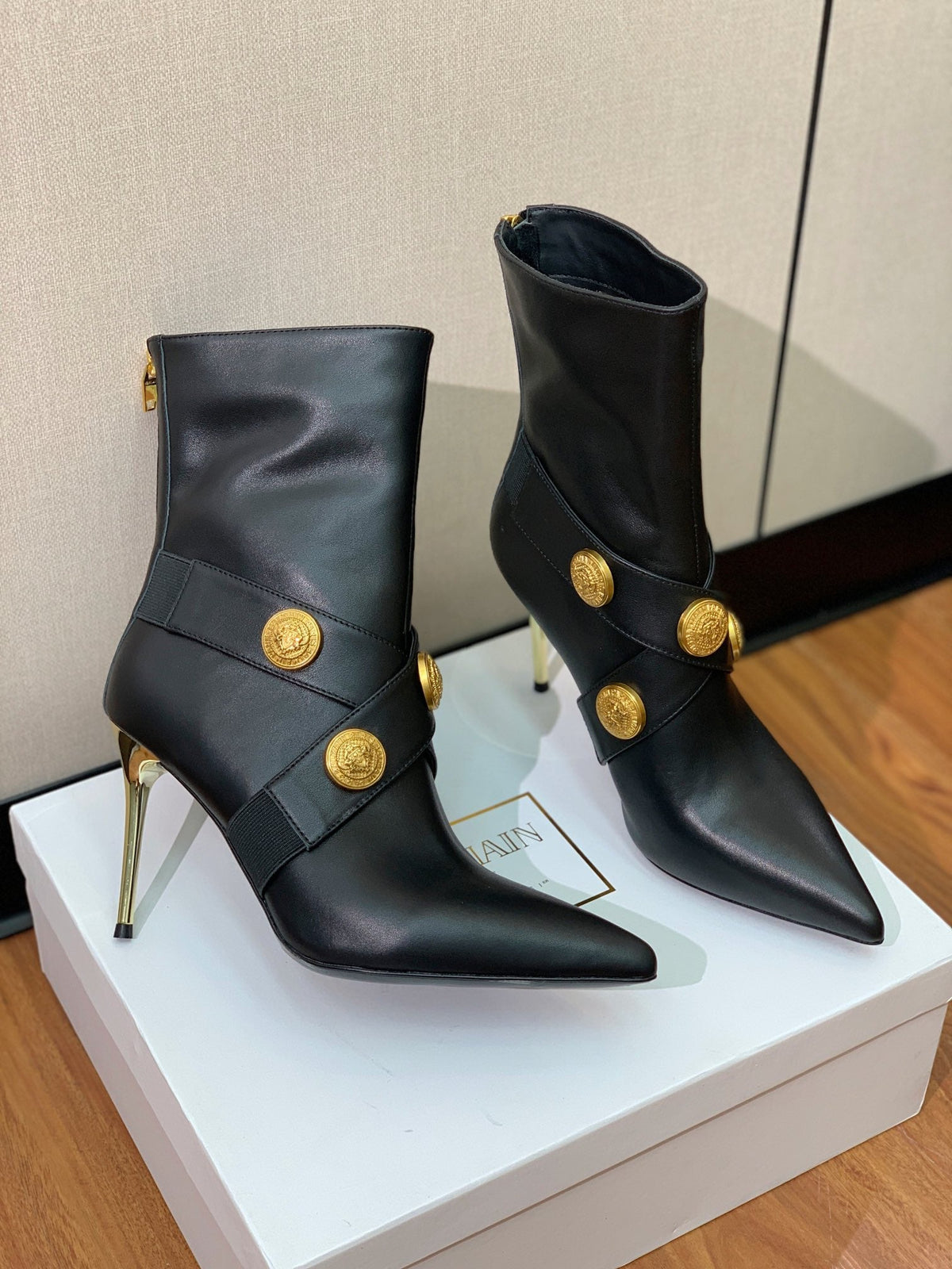 BM 26S Alma Ankle Boots 9.5cm Medallion Buttons Dark Grey Suede Leather 111358