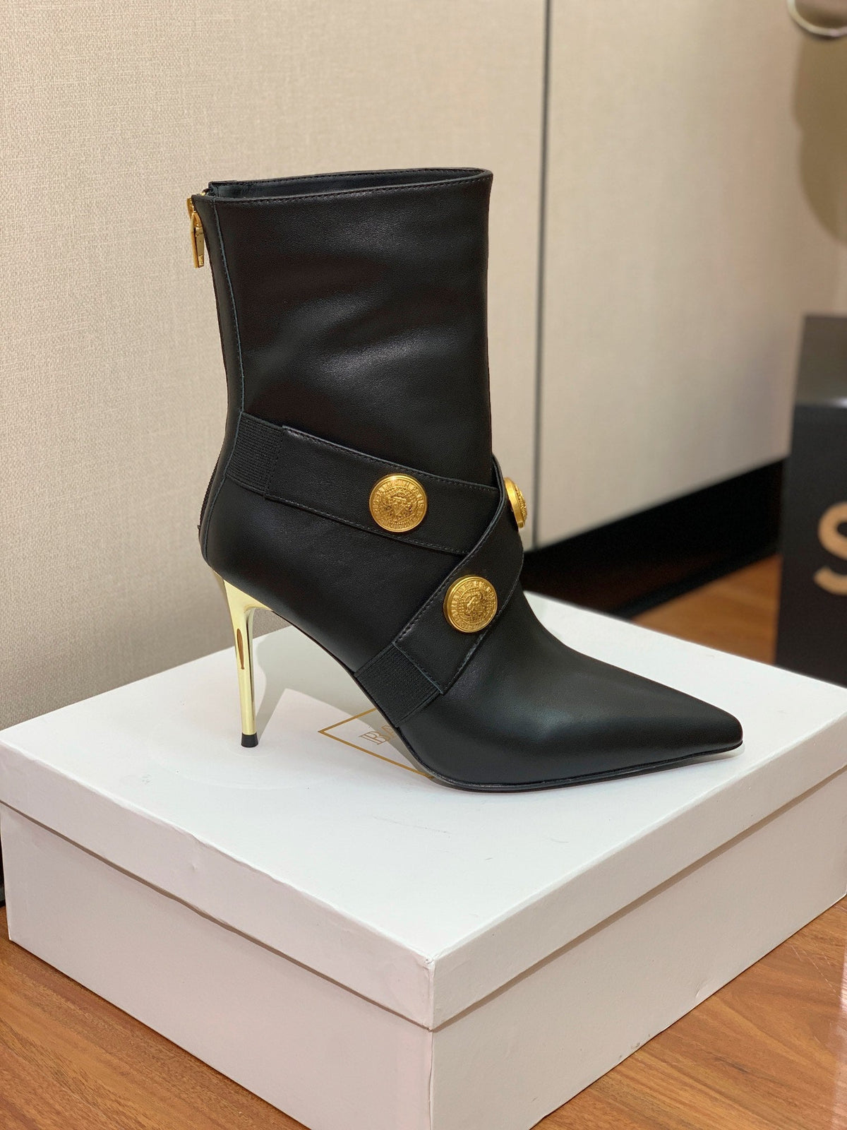 BM 26S Alma Ankle Boots 9.5cm Medallion Buttons Dark Grey Suede Leather 111358