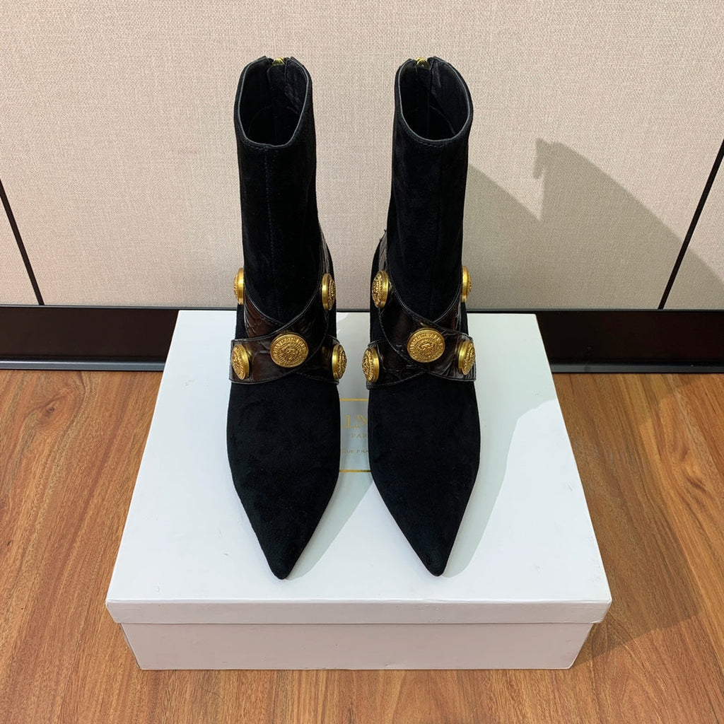 BM 26S Pointed-Toe Boots 10.5cm Gold Logo Buttons Black Suede & Embossed Leather 111354