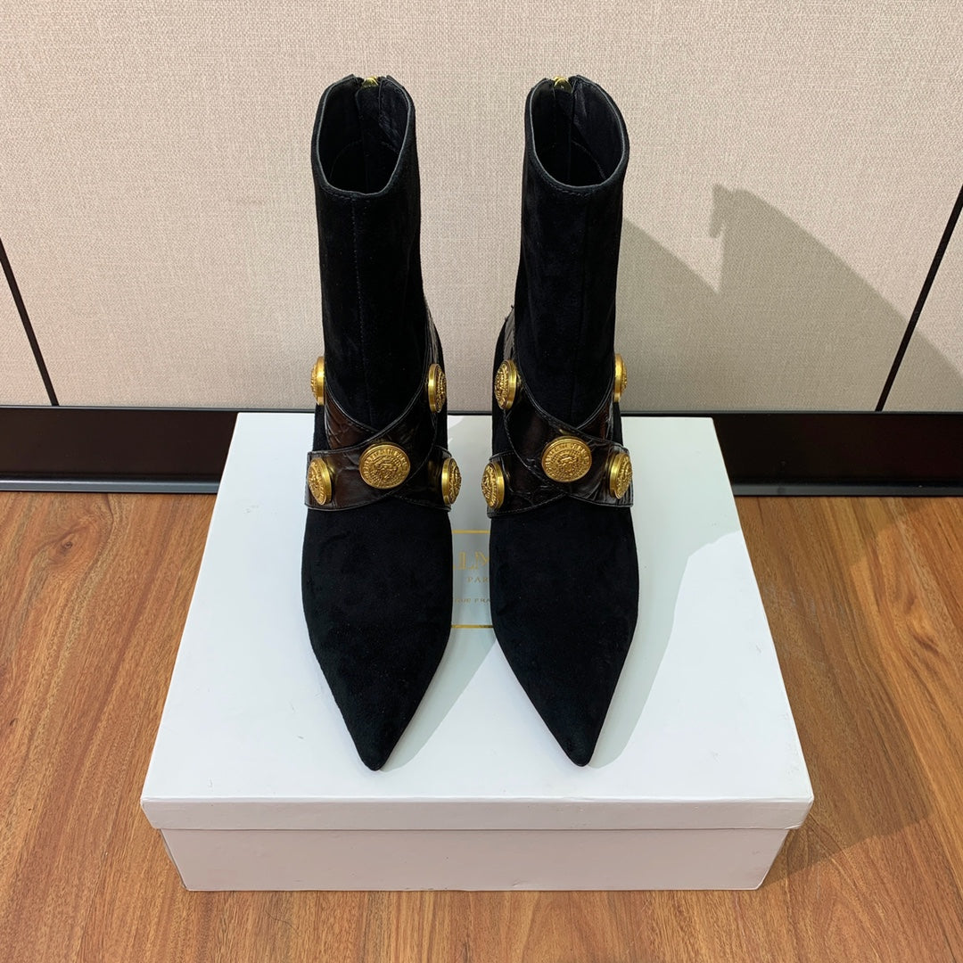 BM 26S Pointed-Toe Boots 10.5cm Gold Logo Buttons Black Suede & Embossed Leather 111354