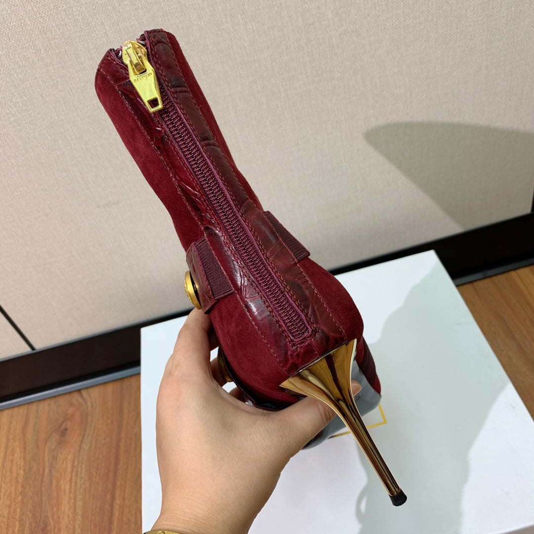 BM 26S Pointed-Toe Boots 10.5cm Gold Logo Buttons Burgundy Suede & Embossed Leather 111352