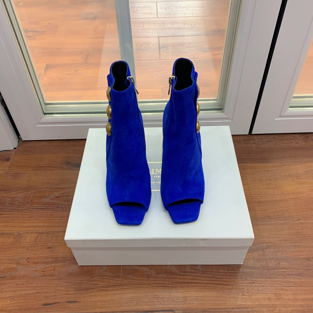 BM 26S Open-Toe Ankle Boots 9.5cm Gold Buttons Stiletto Dark Blue Suede 111320