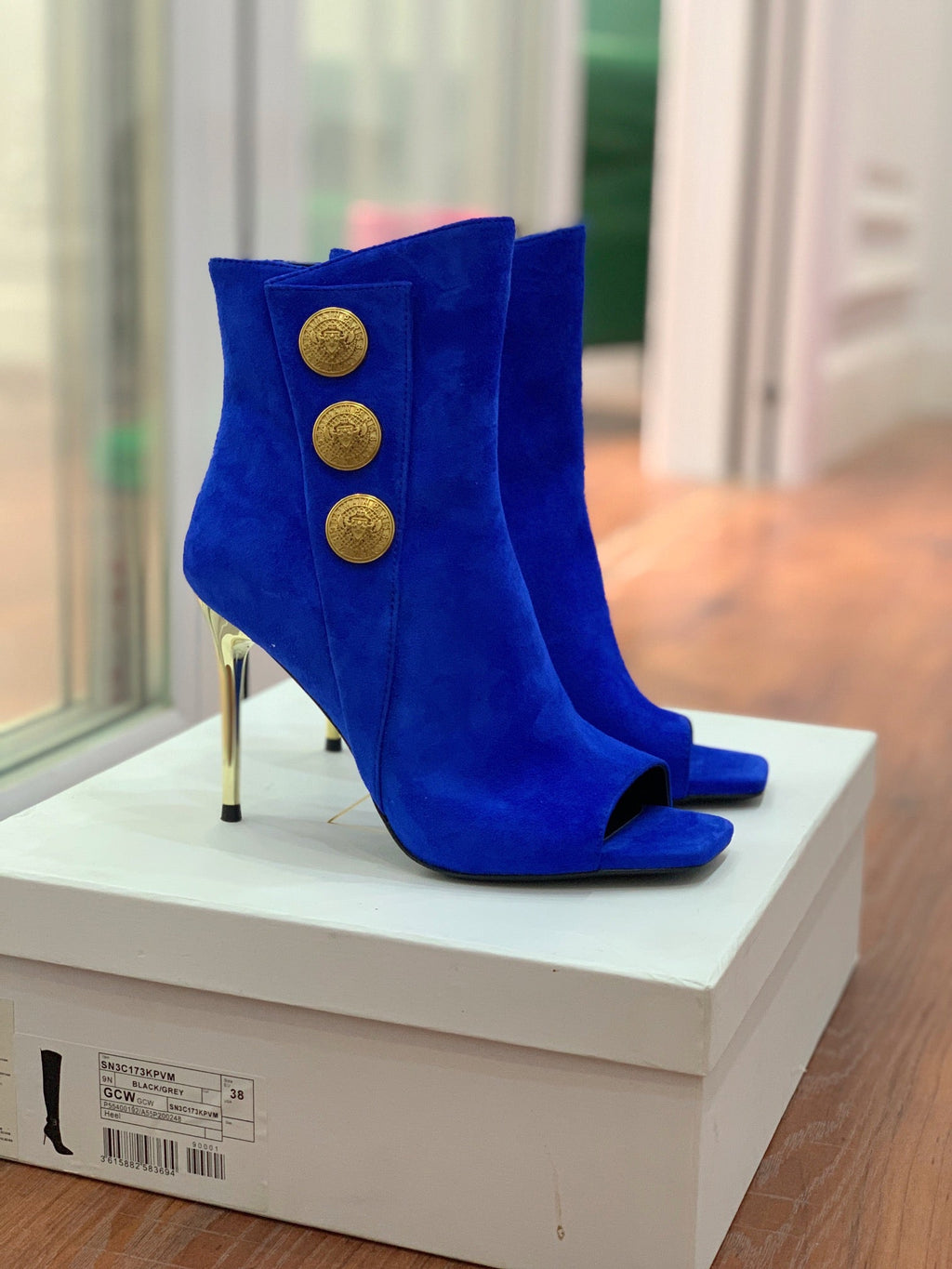 BM 26S Open-Toe Ankle Boots 9.5cm Gold Buttons Stiletto Dark Blue Suede 111320
