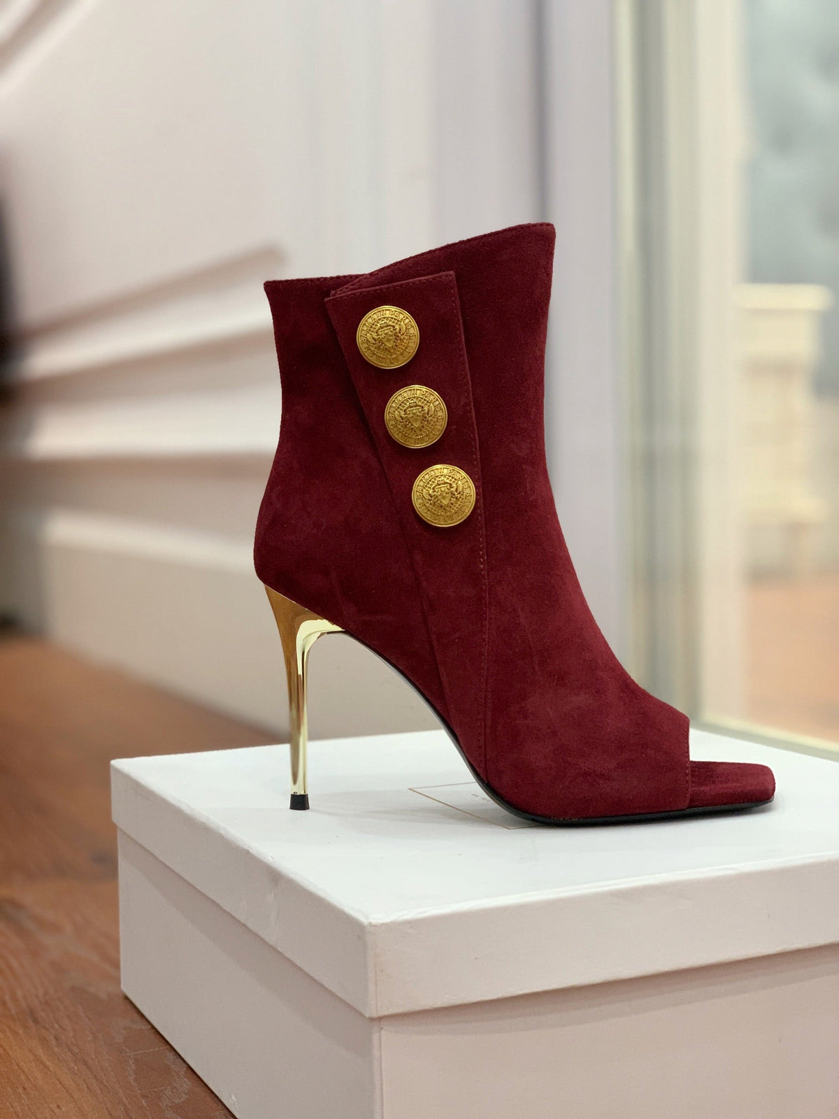 BM 26S Open-Toe Ankle Boots 9.5cm Gold Buttons Stiletto Burgundy Suede 111319