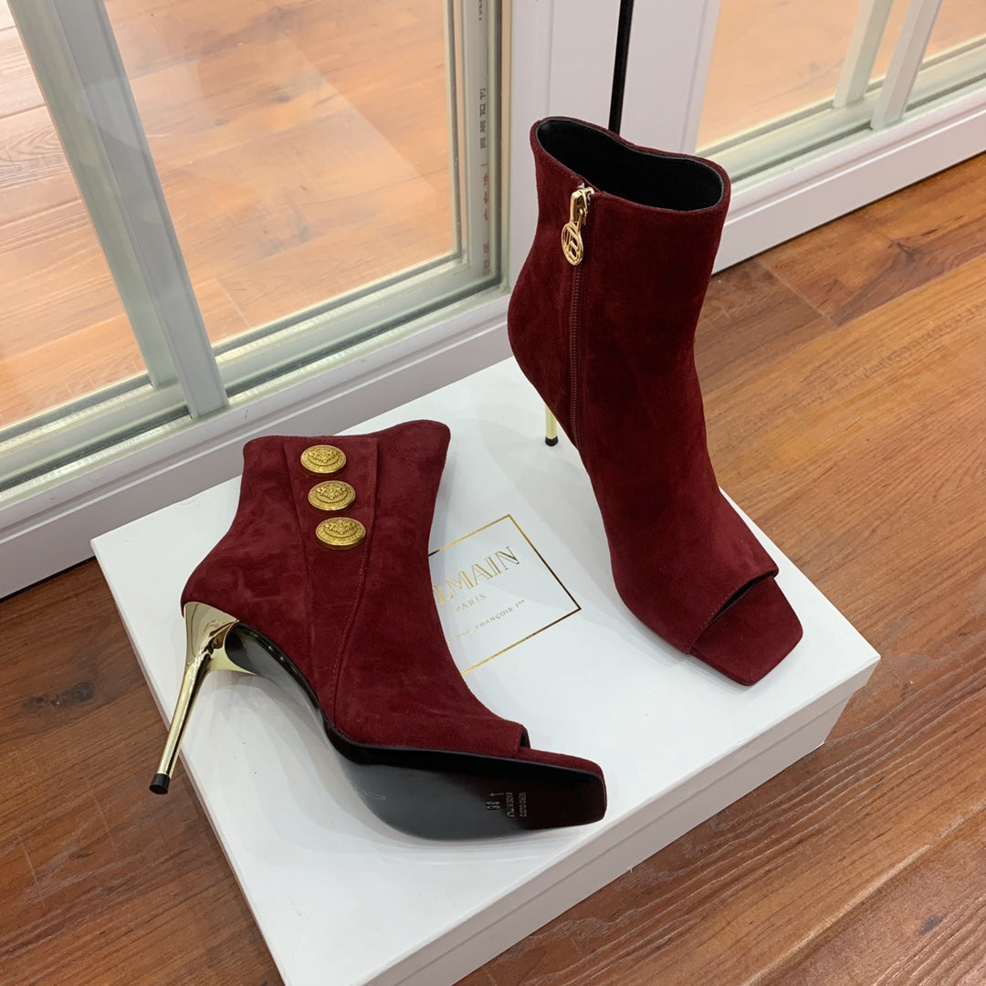 BM 26S Open-Toe Ankle Boots 9.5cm Gold Buttons Stiletto Burgundy Suede 111319