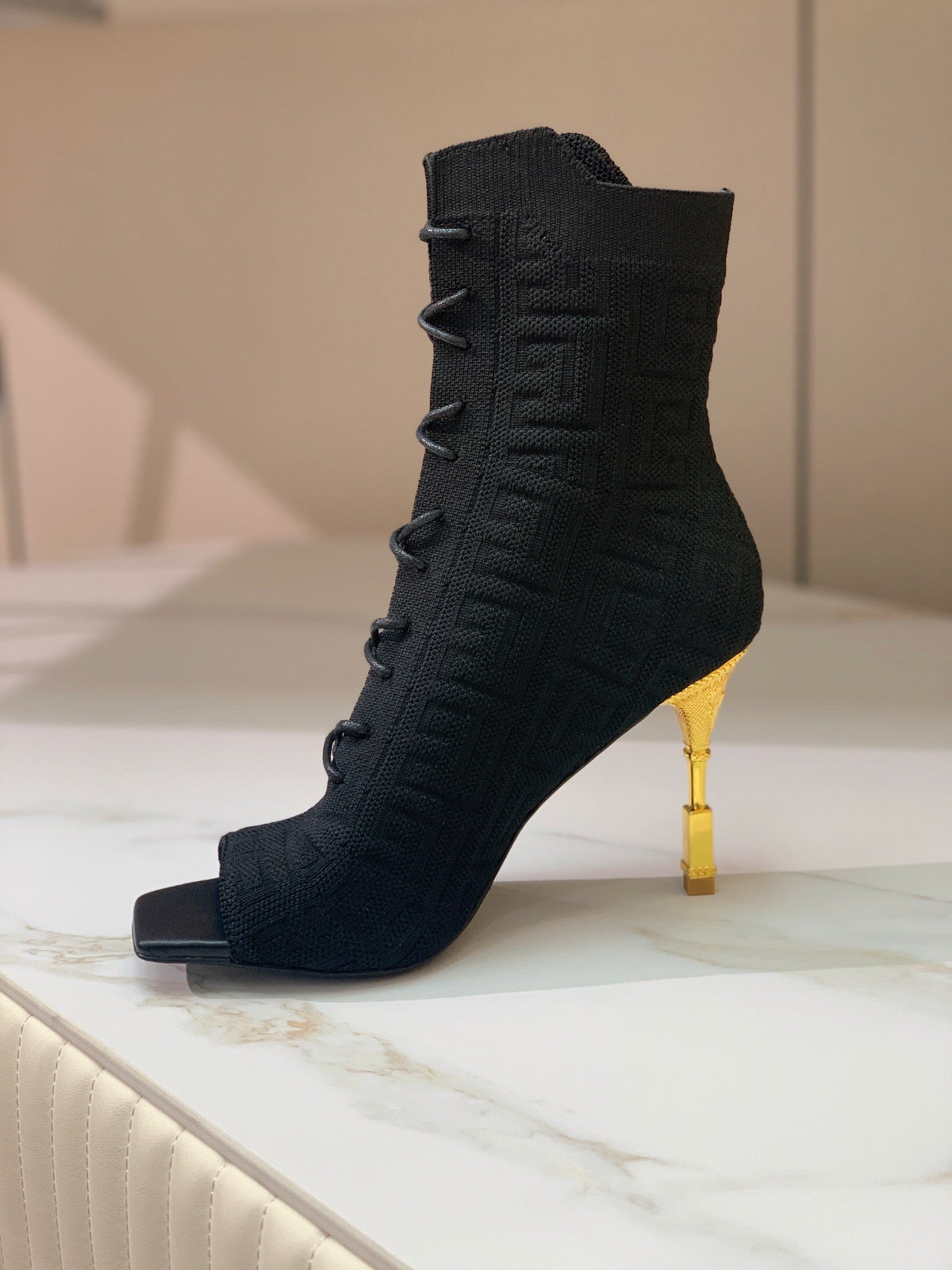 BM 26S Moneta Monogram Lace-Up Boots Peep-Toe Black Knit 111315